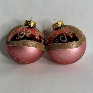 Set Of 2 G&D Gold Glitter Pink Christmas Hanging Decor Holiday Ball Ornaments